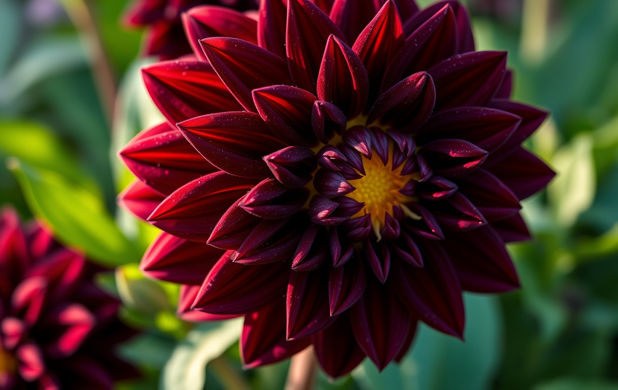 Närbild på en Dahlia 'Velvet Crush' i djupt vinröd färg med gyllene mitt i mjukt morgonljus.
