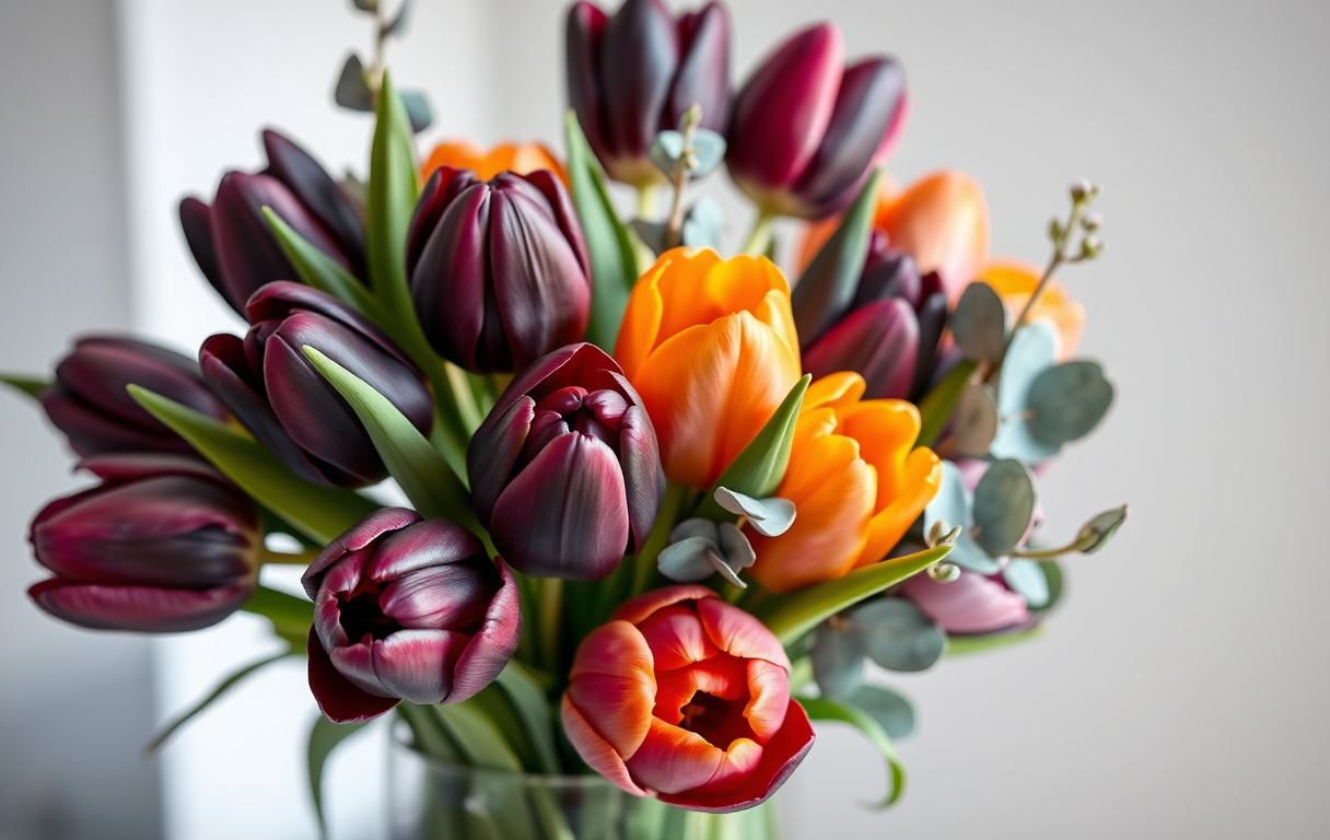 Bukett med lyxtulpaner i lila, svart och orange tillsammans med eukalyptus i en modern vas