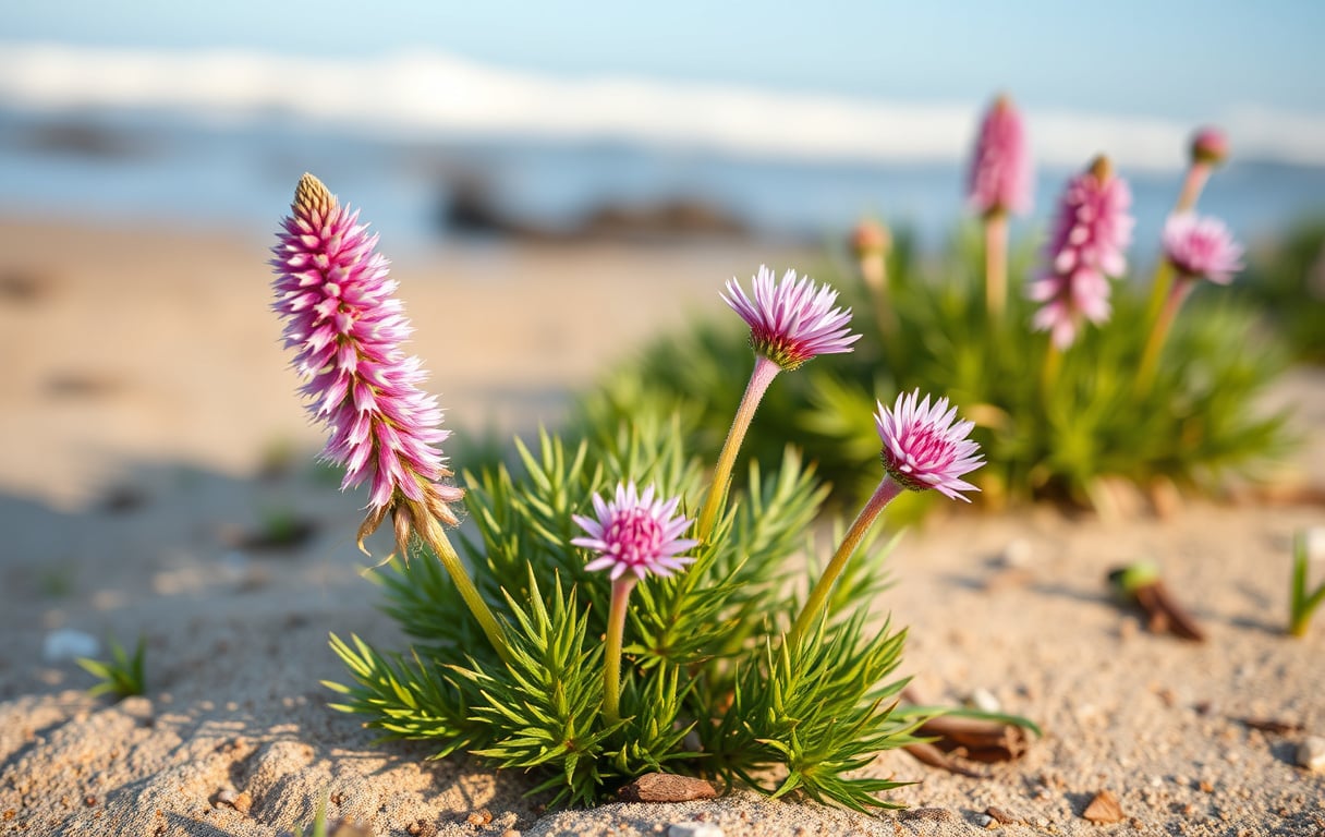 Närbild på Puktörne med rosa blommor på en sandstrand i morgonljus.