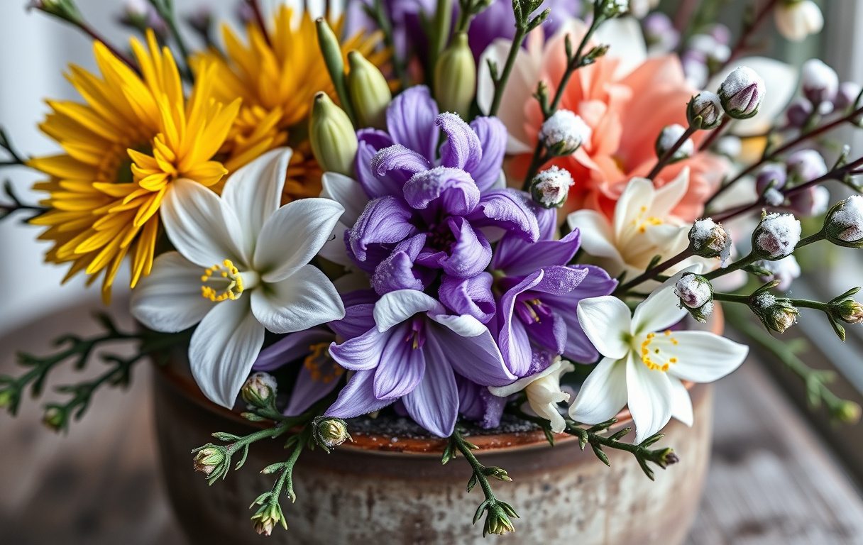 Närbild på en vinterblomsterarrangemang i kruka med gyllenlack, bellis, pärlhyacint och tujagrenar, lätt pudrade med snö.
