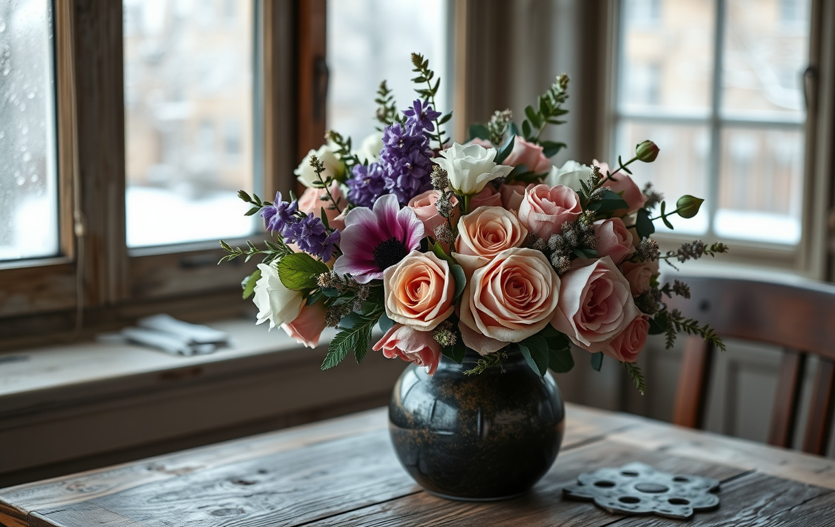 En fotorealistisk vinterbukett med hyacinter, anemoner, rosor och eukalyptus i en rustik vas på ett träbord, med snö utanför fönstret.