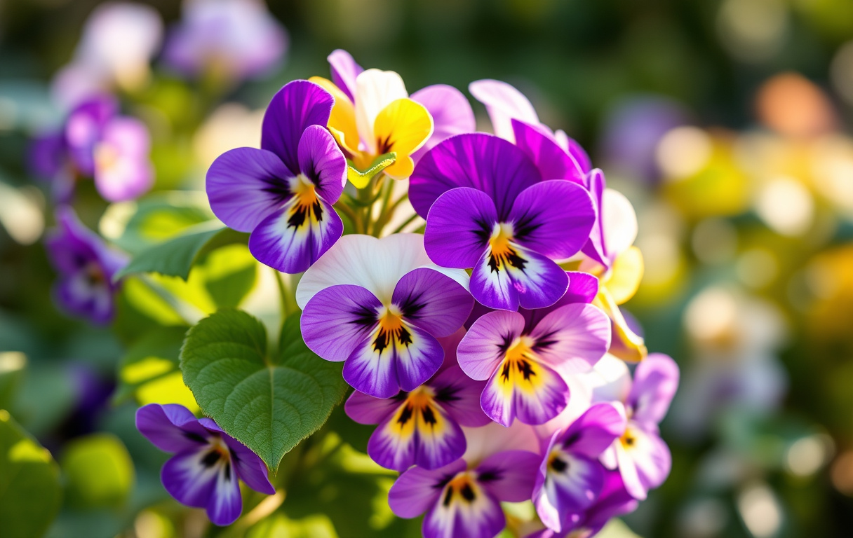 Närbild på violblommor i lila, gult och vitt med hjärtformade gröna blad i morgonljus
