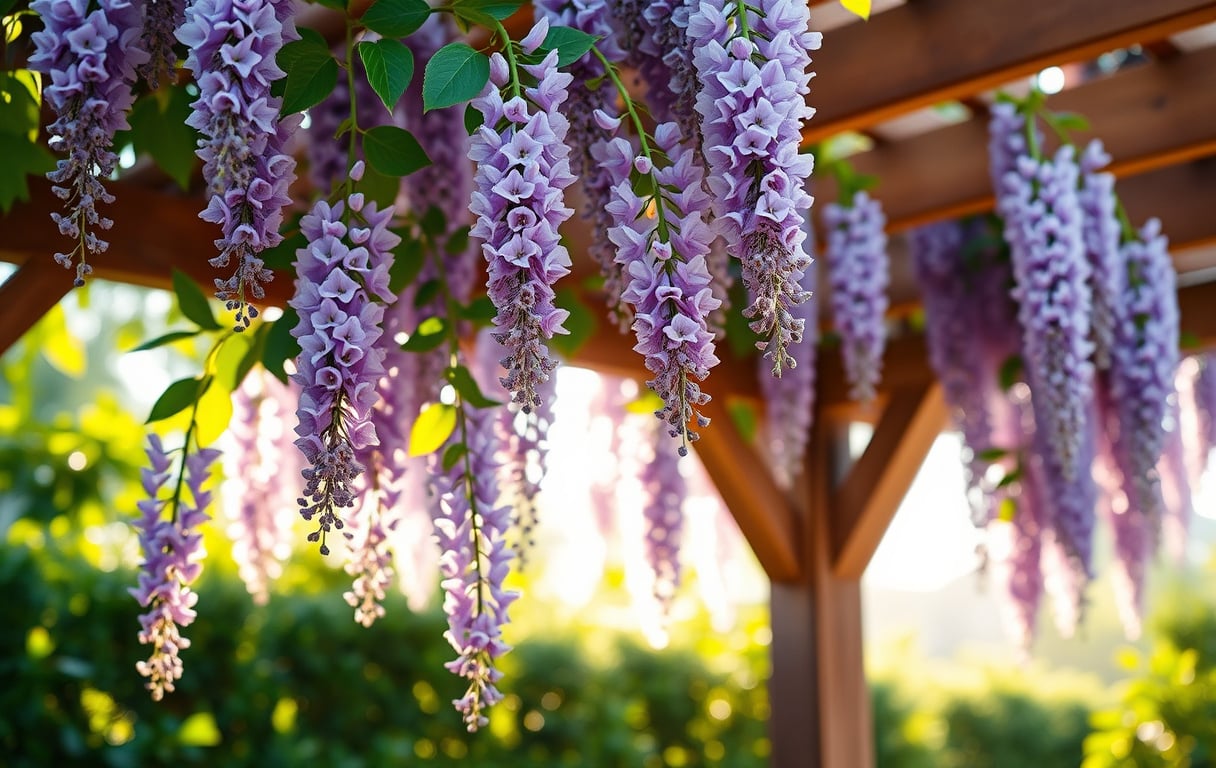 Närbild på blommande blåregn med lavendelblå klasar som hänger från en träpergola i morgonljus.