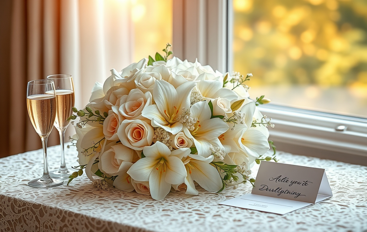 Elegant blomsterarrangemang med vita och silverfärgade blommor och diamanter, placerat på en duk med champagneglas och ett kort, i mjukt morgonljus.