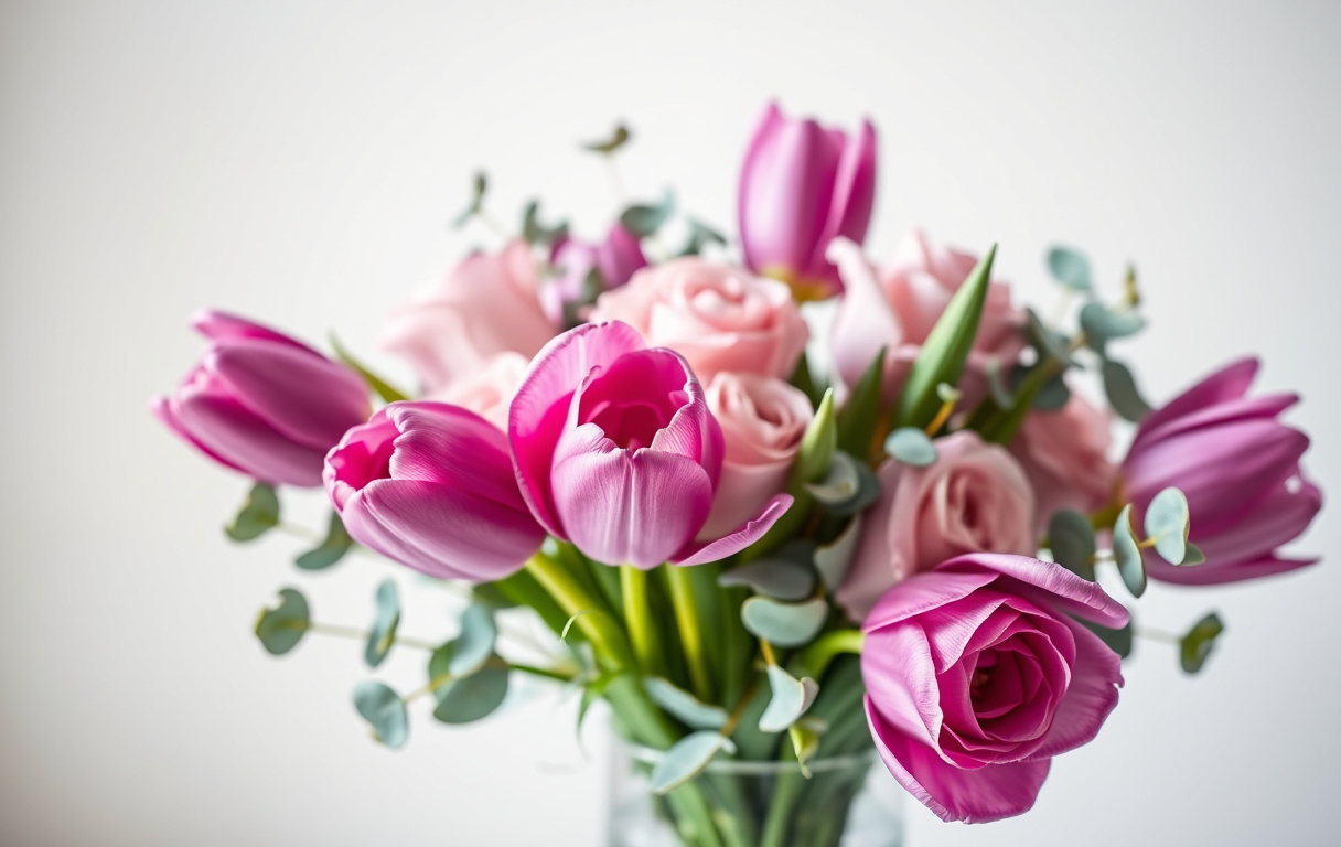 En fotorealistisk bukett med purpurfärgade tulpaner och rosa rosor med eukalyptusblad i en elegant glasvas, mjukt naturligt ljus, vit bakgrund