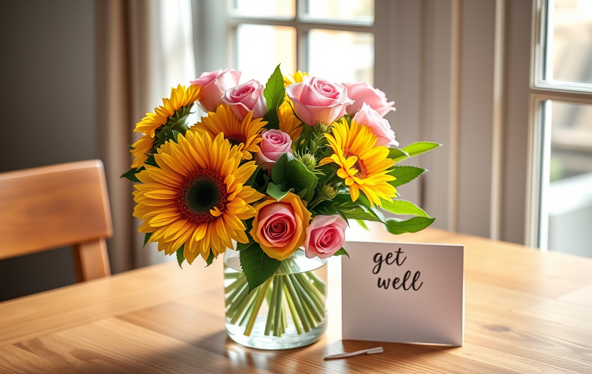 En fotorealistisk bild av en bukett solrosor och rosa rosor i en glasvas på ett bord vid ett fönster med dagsljus, med ett krya på dig-kort bredvid.