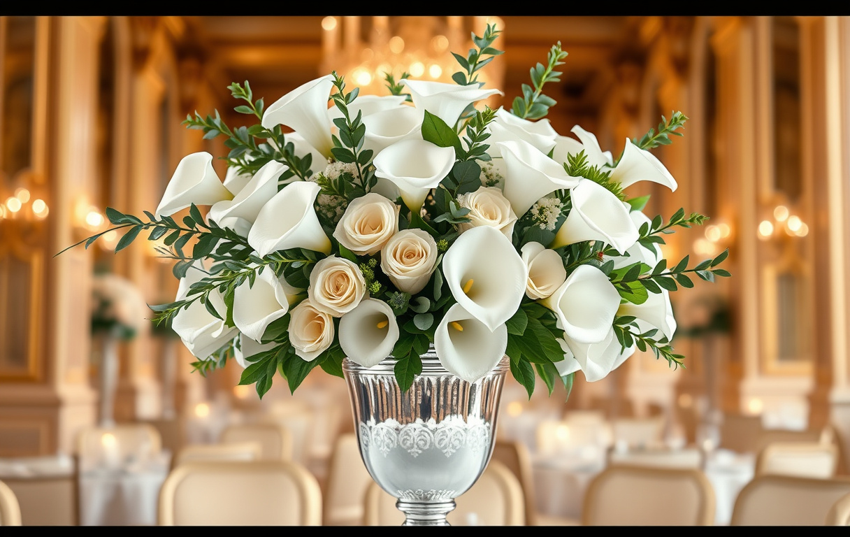 Elegant vit bukett med rosor, calla-liljor och eukalyptus i en silvervas, placerad mot en oskarp bakgrund av festlig belysning och gulddetaljer