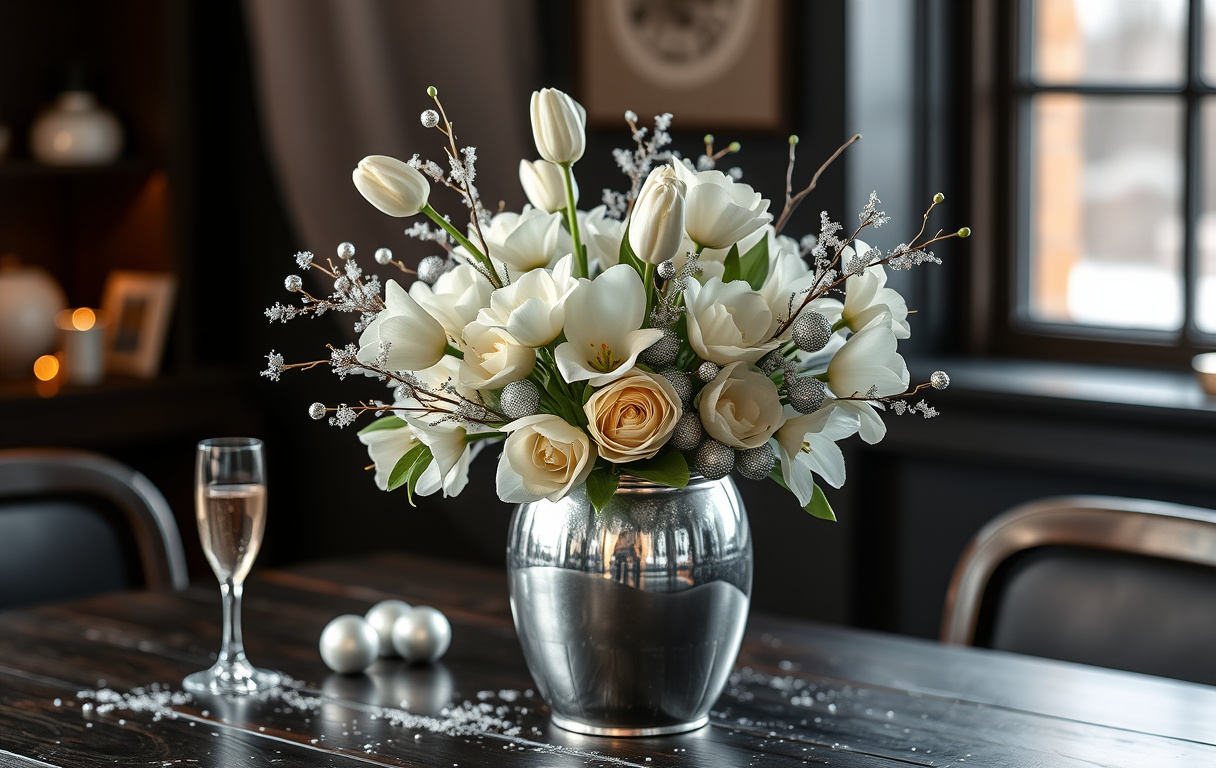 Festlig nyårsbukett i vitt och silver i en silvervas, med vita tulpaner, rosor och amaryllis samt silverdetaljer på ett mörkt träbord bredvid ett champagneglas.