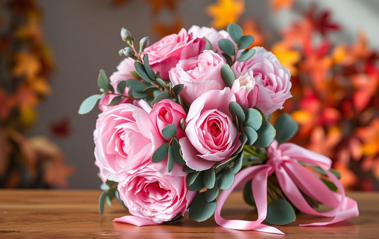 Bukett med rosa rosor, pioner och eustoma med gröna blad, prydd med ett rosa band, på ett träbord