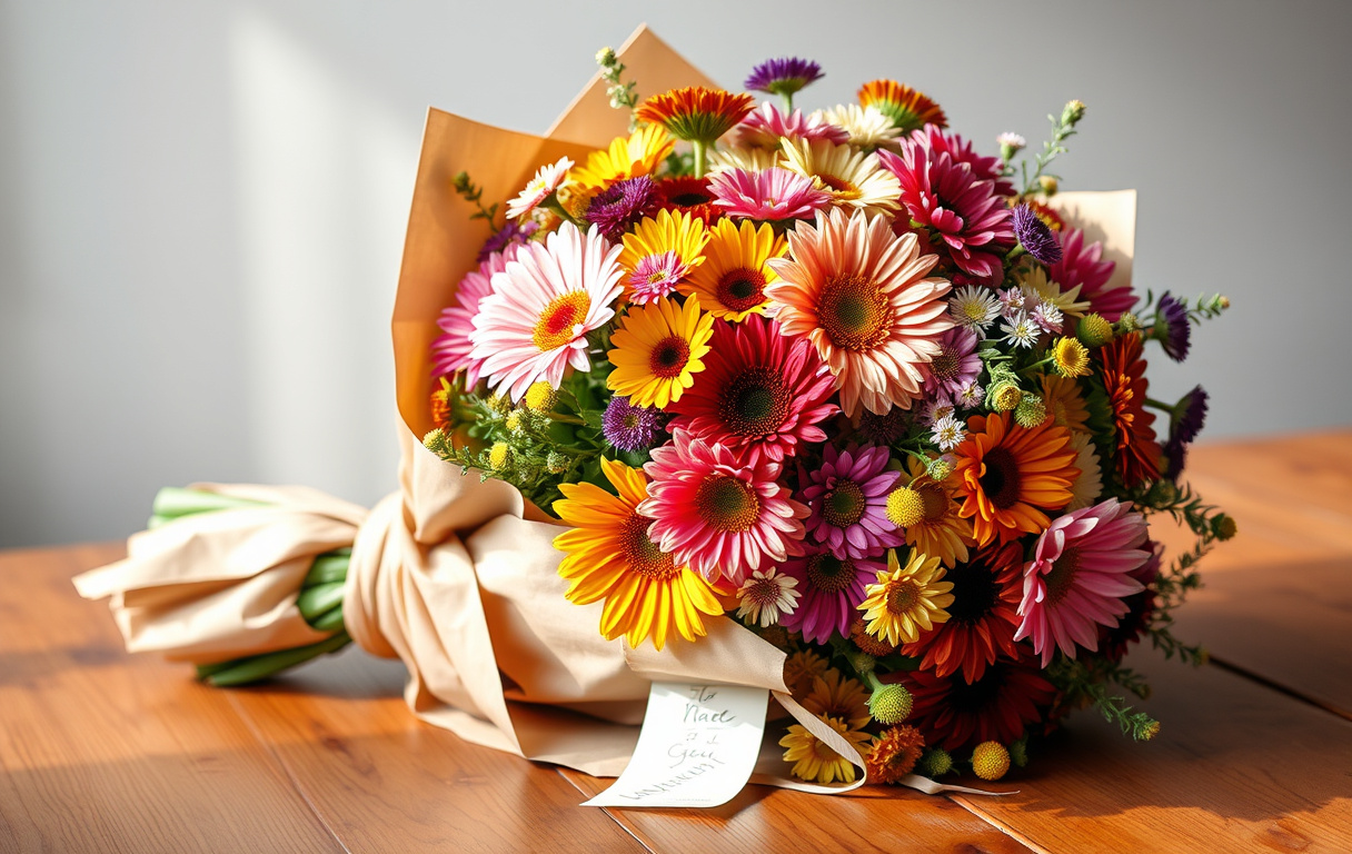 Stor bukett med säsongsblommor som zinnia och aster, inslagen i kraftpapper med ett handskrivet kort.