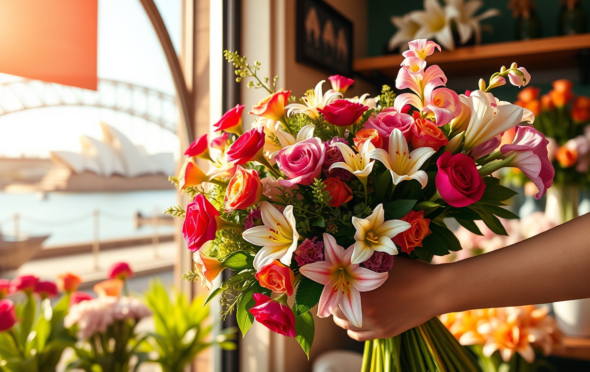 En florist i en blomsterbutik i Sydney räcker fram en färgglad bukett med rosor, liljor och orkidéer. Operahuset och bron syns i bakgrunden genom fönstret.