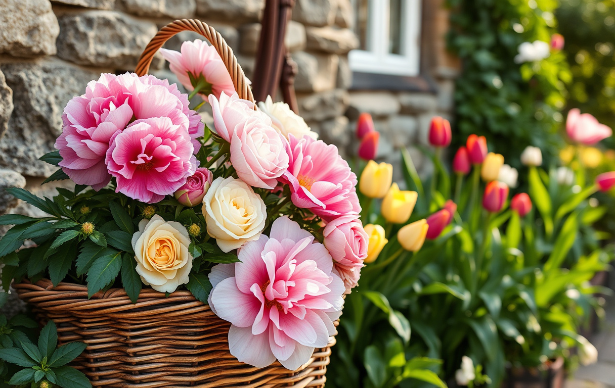 Engelsk bukett med trädgårdsblommor i en flätad korg mot en stenvägg