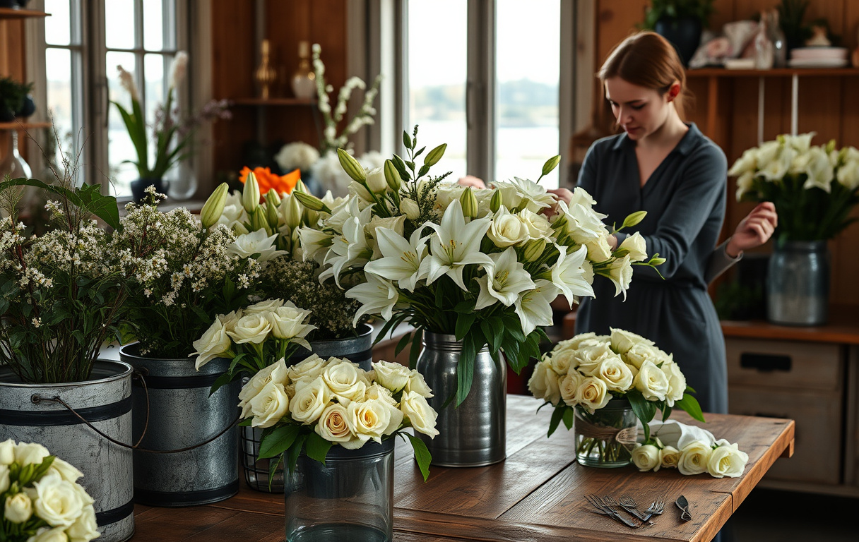 Finländsk florist arrangerar en bukett vita liljor och rosor i en ljus verkstad med utsikt mot Helsingfors hamn.