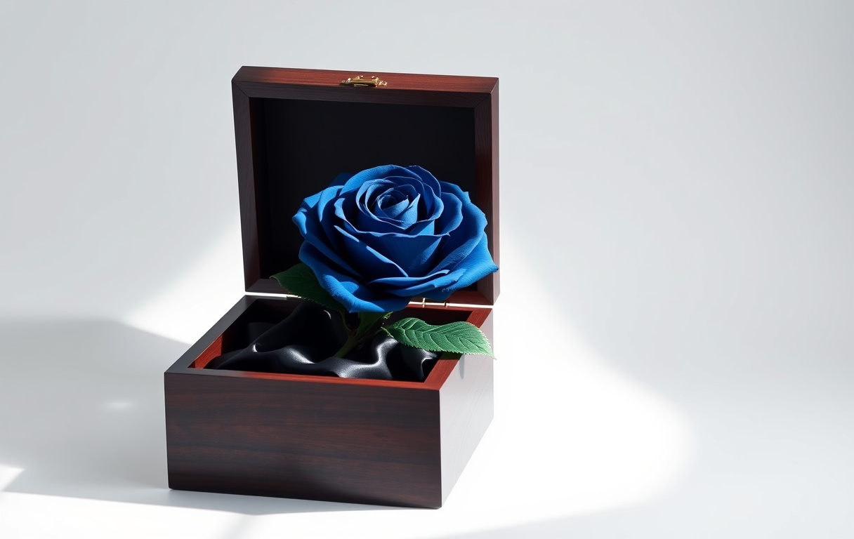 Lyxig presentbox med en evighetsros i oceanblå färg, svart satin invändigt, fotorealistisk bild