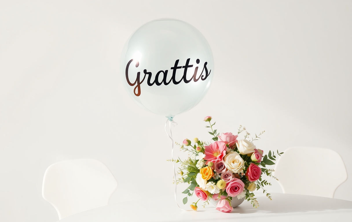 En heliumballong med texten Grattis svävar över en vit duk med en liten bukett blommor i bakgrunden.