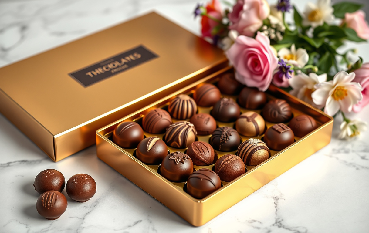 Lyxig guldpresentask med 16 belgiska praliner, handgjorda chokladbitar med olika fyllningar, placerad bredvid en blombukett i studio