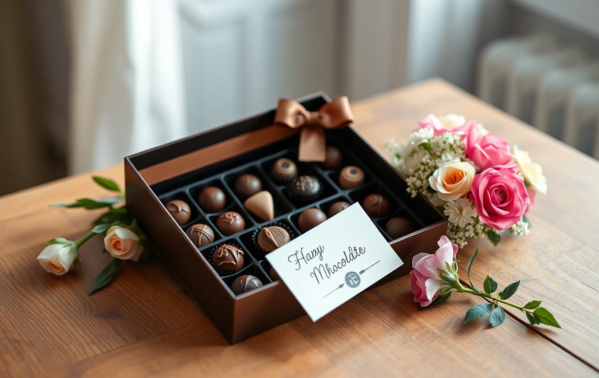 Elegant presentförpackning med chokladask och blommor på ett träbord i naturligt ljus.