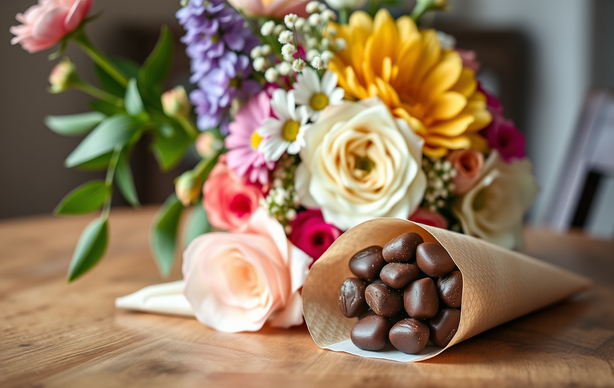 En elegant chokladstrut av papper med guld- och röda detaljer står bredvid en färgglad bukett blommor på ett träbord.