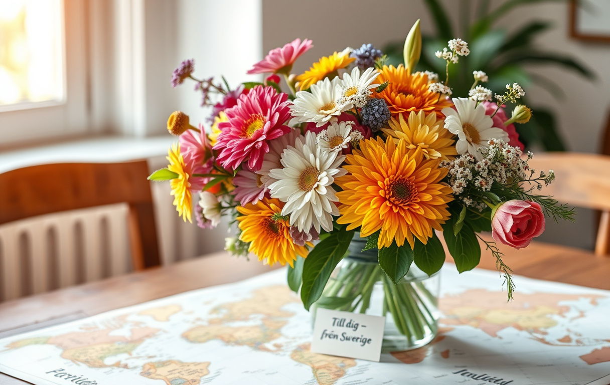 Bukett med säsongsblommor i vas på bord med världskarta och handskrivet kort.
