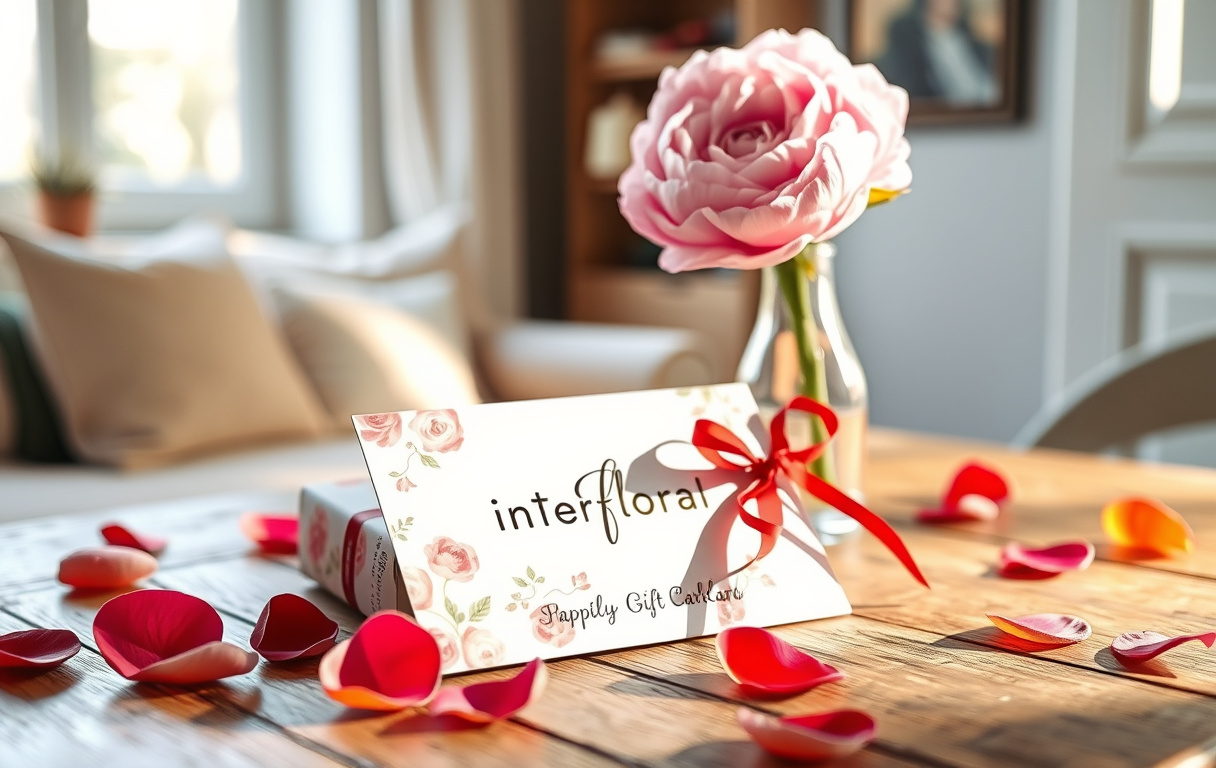 Ett Interflora presentkort med rött band och blommönster, omgivet av rosenblad och en pion i vas på ett träbord.