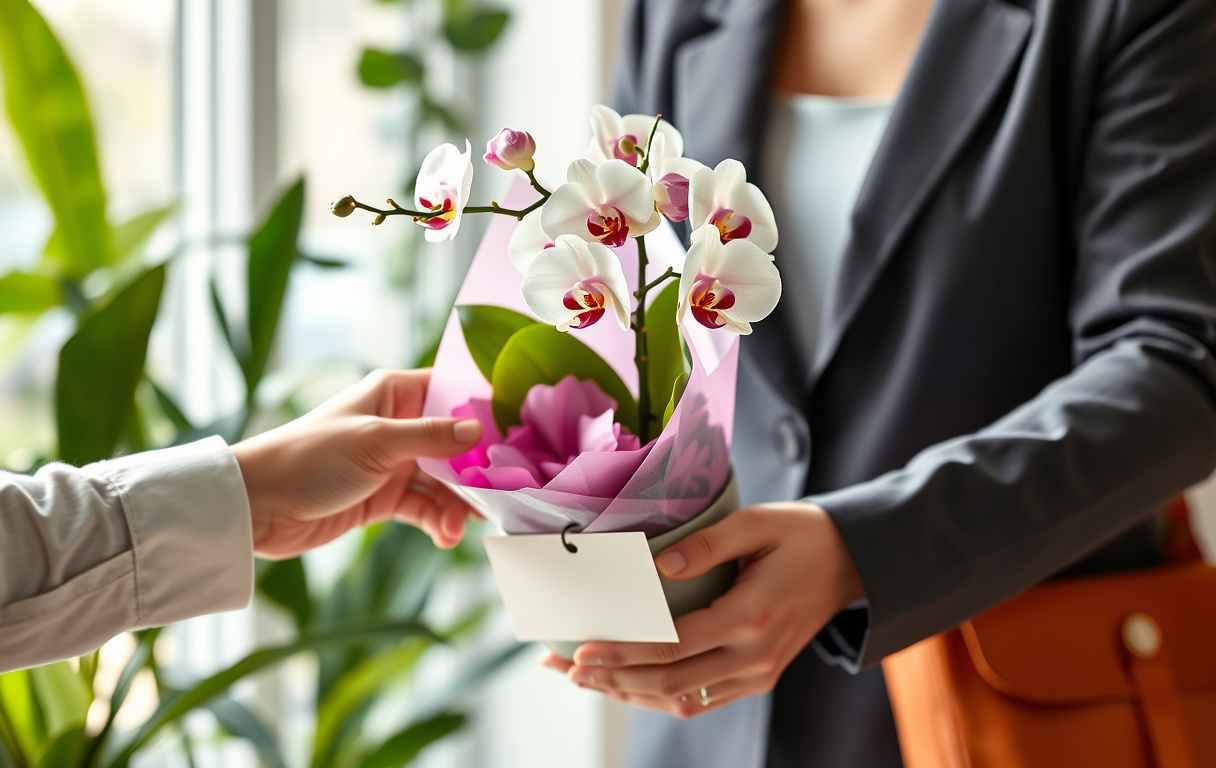 En florist överlämnar en inslagen orkidé i kruka till en budbärare, med ett kort fäst, i en varm och naturlig miljö.