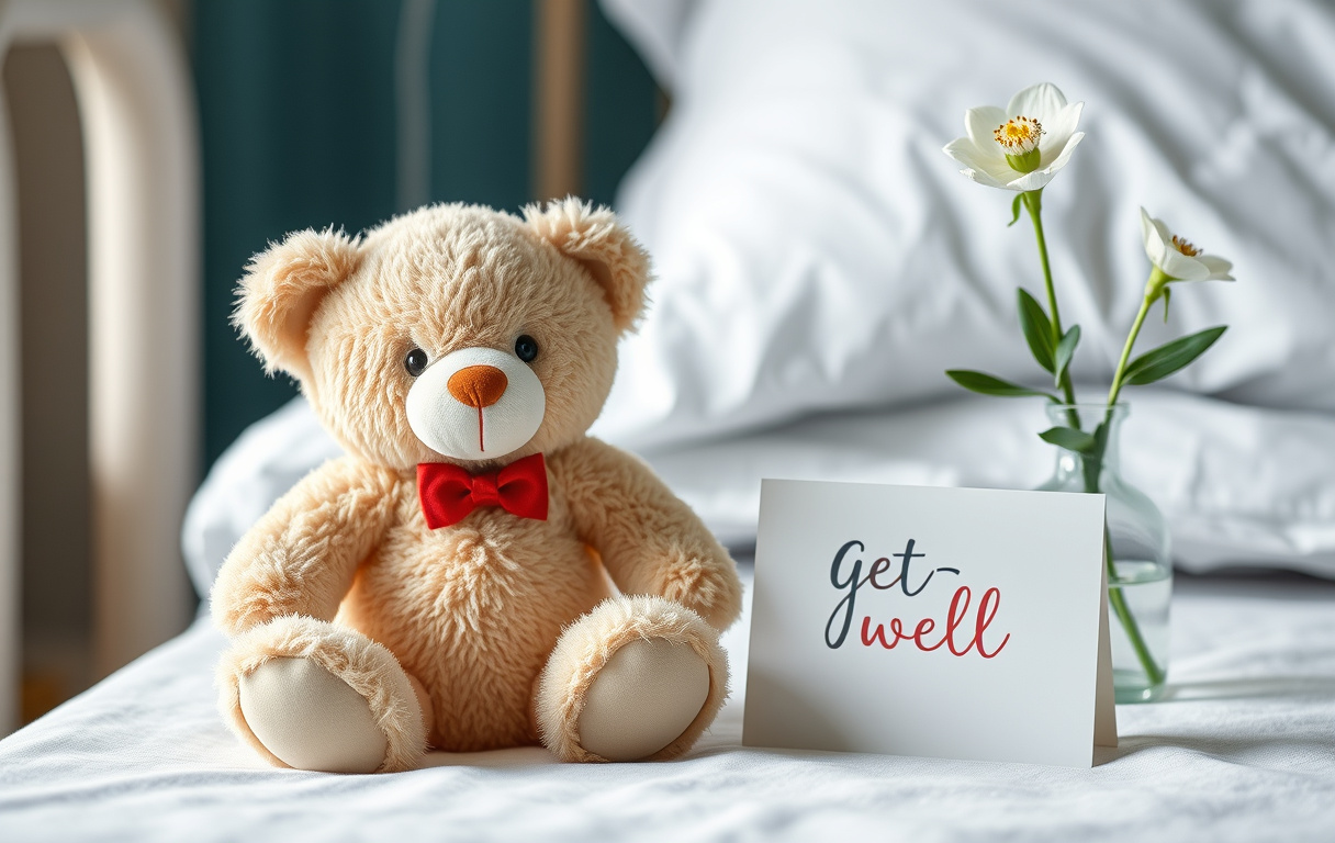 En mjuk beige nalle med röd rosett på ett sjukhusbord bredvid ett kort och en vit blomma i en vas.