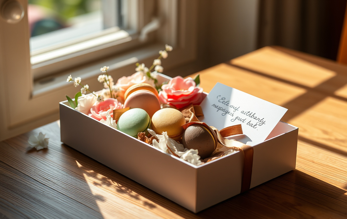 Presentbox med praliner och choklad på ett träbord, med ett handskrivet kort och mjukt dagsljus.