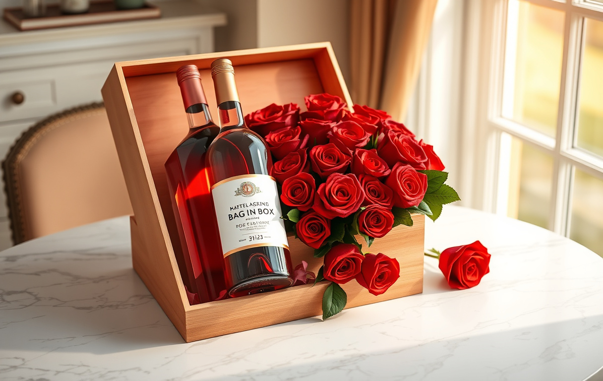 En fotorealistisk bild av en rose box med en bag-in-box rosévin och röda rosor i en trälåda på ett marmorbord.